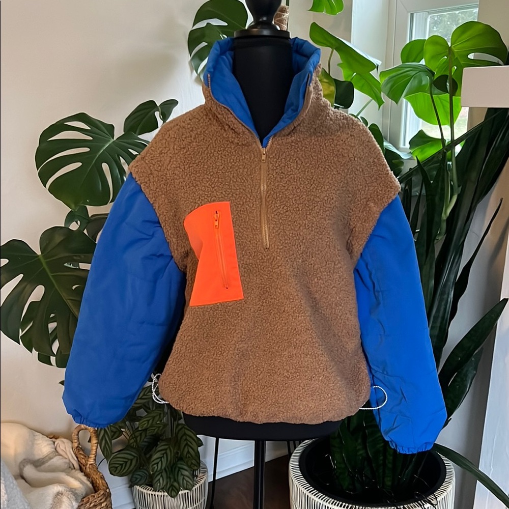 Brown and Blue Puffer Jacket with High Collar